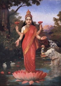 Lakshmi standing on a lotus holding lotus blossoms in two hands. Painting by Raja Ravi Varma.