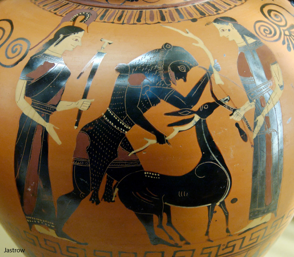 Herakles capturing the Ceryneian Hind as Artemis and Athena look on. Photo: Marie-Lan Nguyen/Wikimedia Commons.